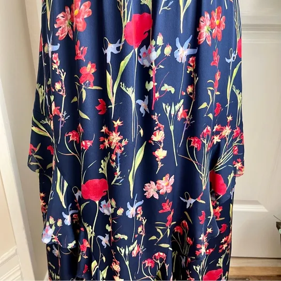 Parker Kam Silk Floral Cold Shoulder Tiered Midi Dress Navy Sz XS