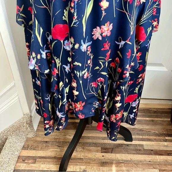 Parker Kam Silk Floral Cold Shoulder Tiered Midi Dress Navy Sz XS