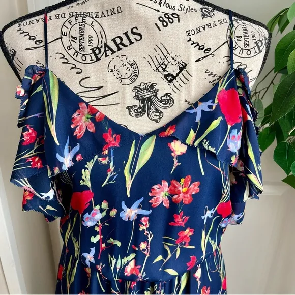 Parker Kam Silk Floral Cold Shoulder Tiered Midi Dress Navy Sz XS