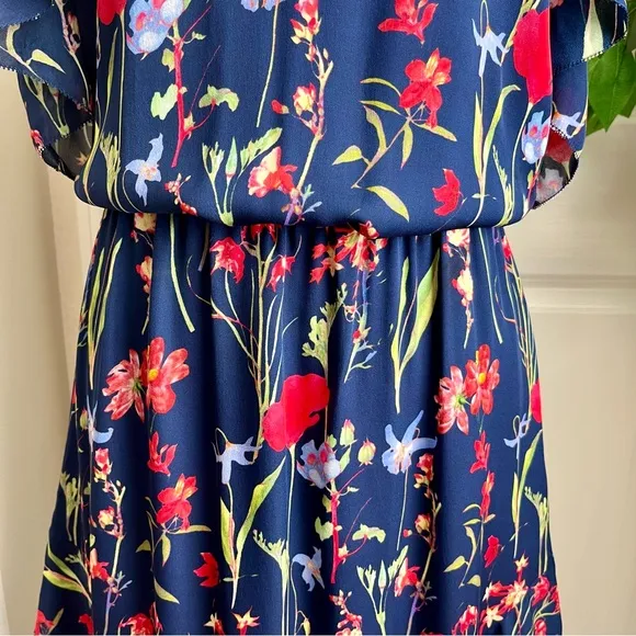 Parker Kam Silk Floral Cold Shoulder Tiered Midi Dress Navy Sz XS