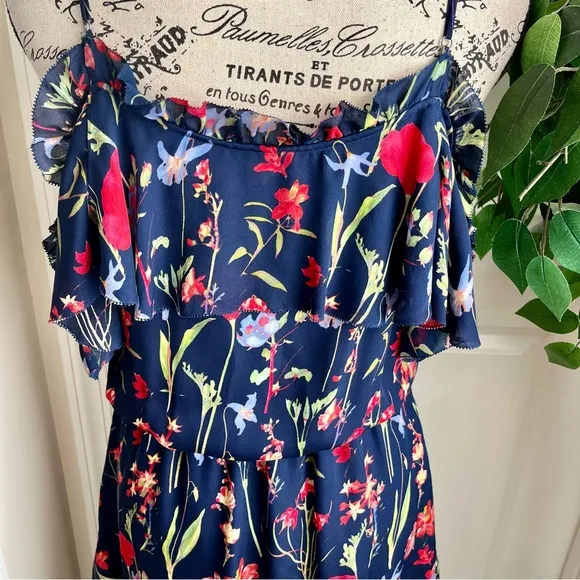 Parker Kam Silk Floral Cold Shoulder Tiered Midi Dress Navy Sz XS