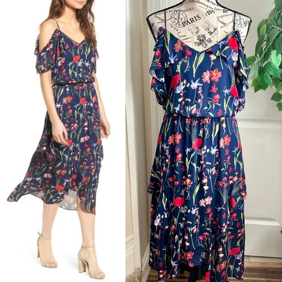 Parker Kam Silk Floral Cold Shoulder Tiered Midi Dress Navy Sz XS