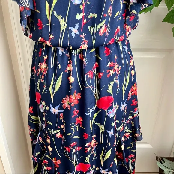 Parker Kam Silk Floral Cold Shoulder Tiered Midi Dress Navy Sz XS