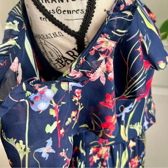 Parker Kam Silk Floral Cold Shoulder Tiered Midi Dress Navy Sz XS