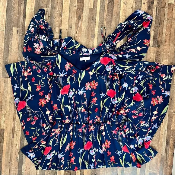 Parker Kam Silk Floral Cold Shoulder Tiered Midi Dress Navy Sz XS