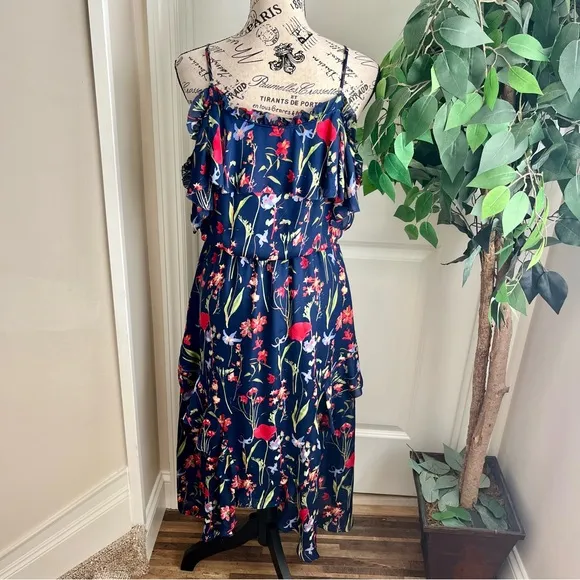 Parker Kam Silk Floral Cold Shoulder Tiered Midi Dress Navy Sz XS