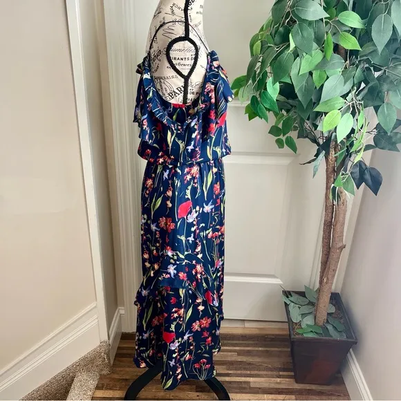 Parker Kam Silk Floral Cold Shoulder Tiered Midi Dress Navy Sz XS
