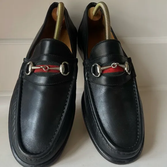Peter Huber Italian Black Leather Loafer Web Stripe in Red Green Mens 9 Medium