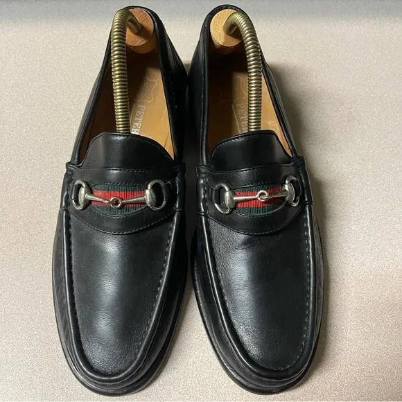 Peter Huber Italian Black Leather Loafer Web Stripe in Red Green Mens 9 Medium