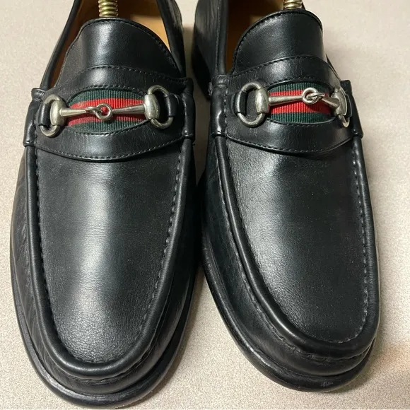 Peter Huber Italian Black Leather Loafer Web Stripe in Red Green Mens 9 Medium