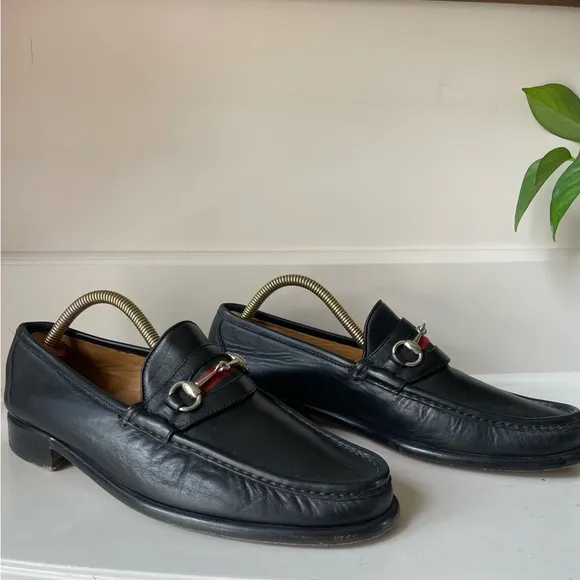 Peter Huber Italian Black Leather Loafer Web Stripe in Red Green Mens 9 Medium