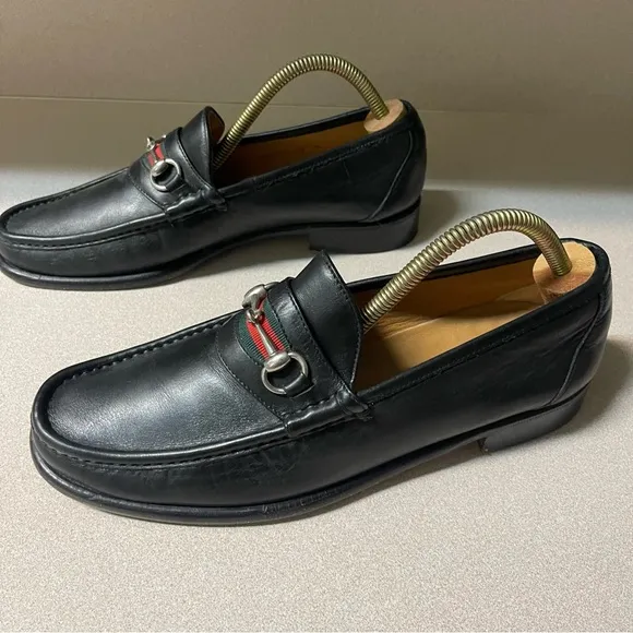 Peter Huber Italian Black Leather Loafer Web Stripe in Red Green Mens 9 Medium