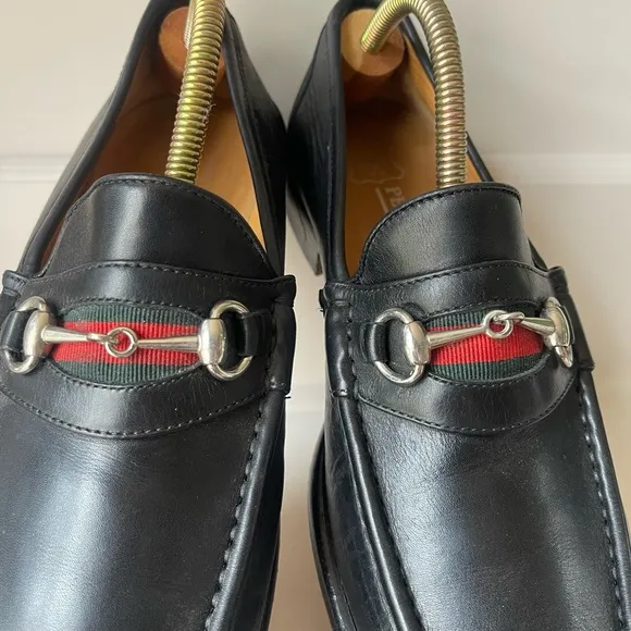 Peter Huber Italian Black Leather Loafer Web Stripe in Red Green Mens 9 Medium