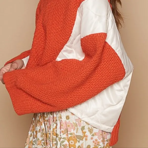 POL Quilted Waffle Cable Knit Patchwork High-low Top Long Sleeve Crop Sweater