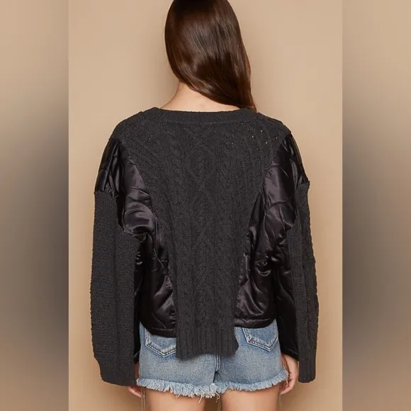 POL Quilted Waffle Cable Knit Patchwork High-low Top Long Sleeve Crop Sweater