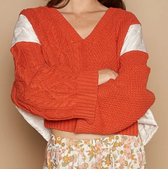 POL Quilted Waffle Cable Knit Patchwork High-low Top Long Sleeve Crop Sweater