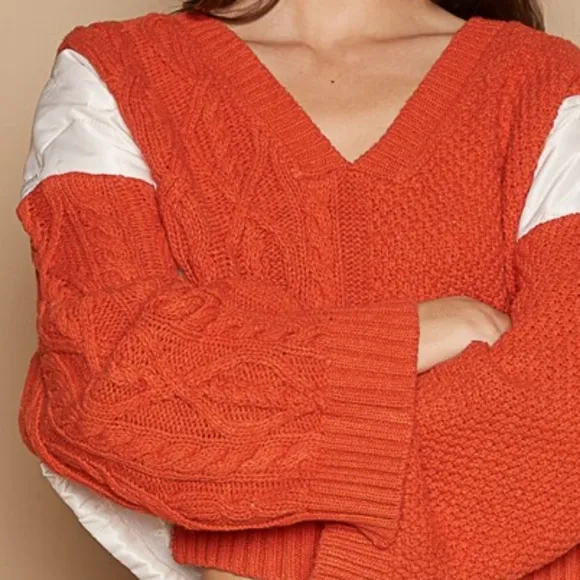 POL Quilted Waffle Cable Knit Patchwork High-low Top Long Sleeve Crop Sweater