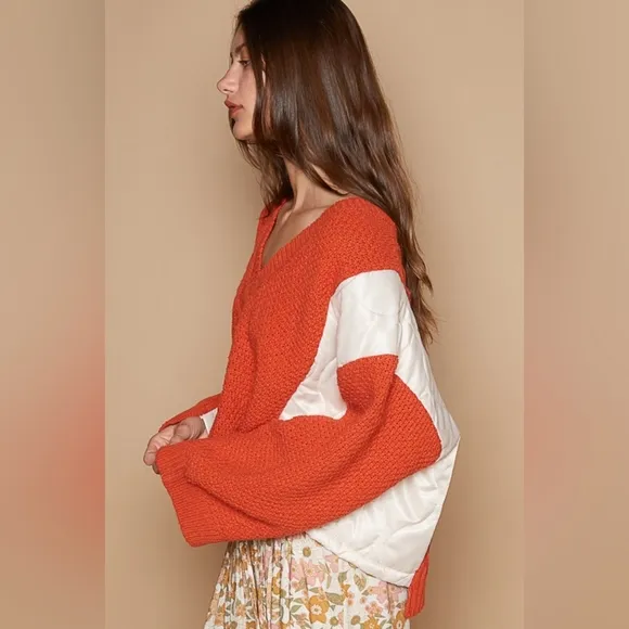 POL Quilted Waffle Cable Knit Patchwork High-low Top Long Sleeve Crop Sweater