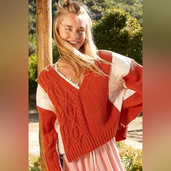POL Quilted Waffle Cable Knit Patchwork High-low Top Long Sleeve Crop Sweater