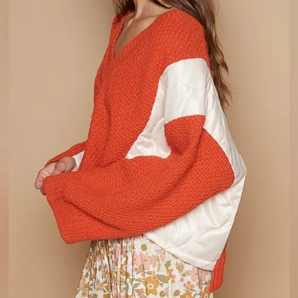 POL Quilted Waffle Cable Knit Patchwork High-low Top Long Sleeve Crop Sweater