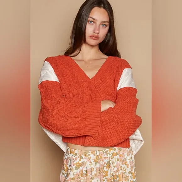 POL Quilted Waffle Cable Knit Patchwork High-low Top Long Sleeve Crop Sweater