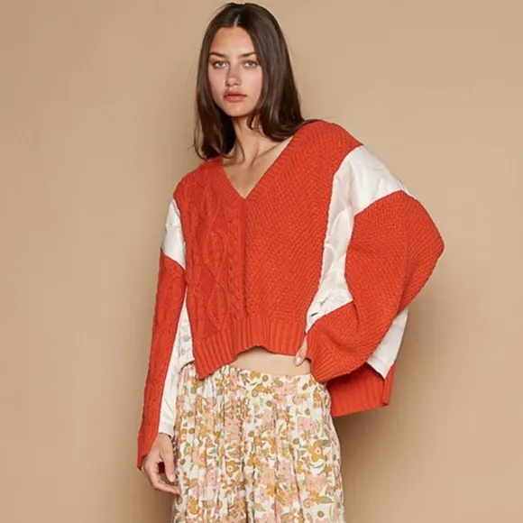 POL Quilted Waffle Cable Knit Patchwork High-low Top Long Sleeve Crop Sweater