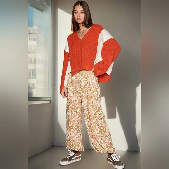 POL Quilted Waffle Cable Knit Patchwork High-low Top Long Sleeve Crop Sweater