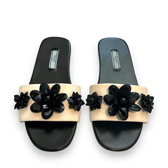 Prada 37 flat slide sandals leather Colorblock beaded floral embellishment