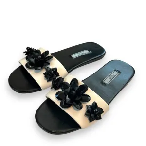 Prada 37 flat slide sandals leather Colorblock beaded floral embellishment