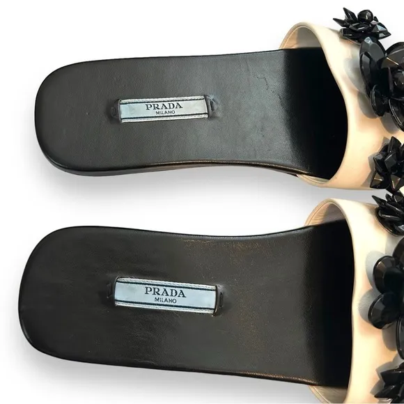 Prada 37 flat slide sandals leather Colorblock beaded floral embellishment