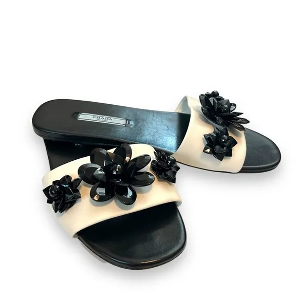 Prada 37 flat slide sandals leather Colorblock beaded floral embellishment