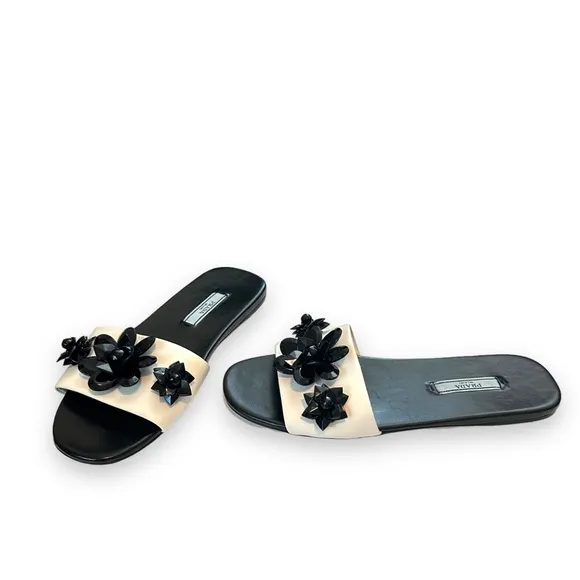 Prada 37 flat slide sandals leather Colorblock beaded floral embellishment