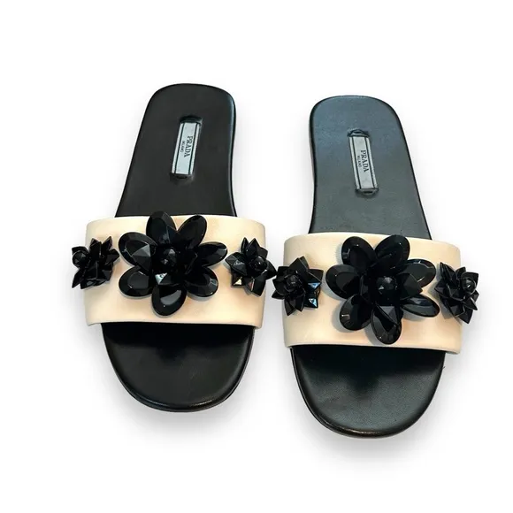 Prada 37 flat slide sandals leather Colorblock beaded floral embellishment