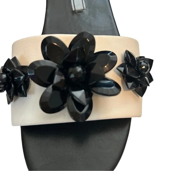 Prada 37 flat slide sandals leather Colorblock beaded floral embellishment