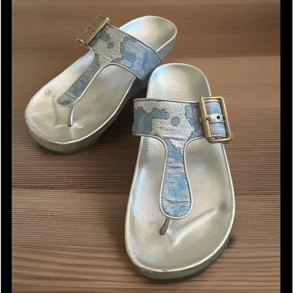 Prada Blue and Silver Brocade and Leather Sandals Size 35.5/5.5