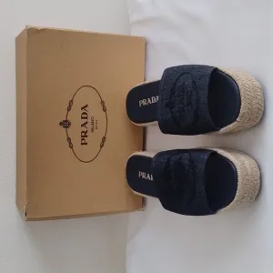 Prada Denim Embroidered Platform Espadrilles Sz 39 / US 8.5-9