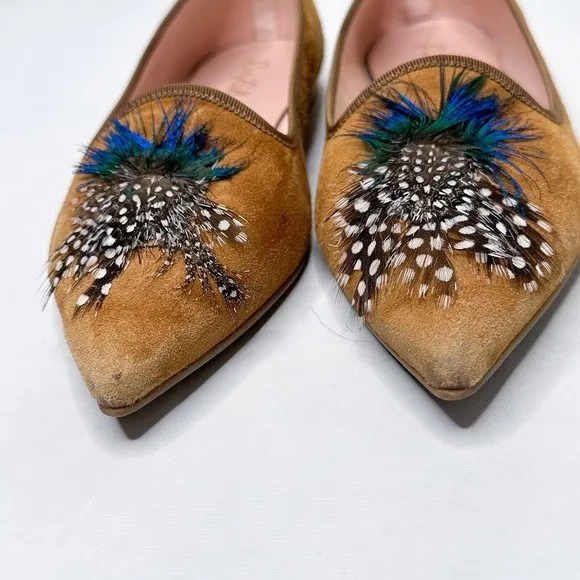 Pretty Ballerinas Flats Pointed Toe Women’s 7/37‎ Feather Detail Tan Suede