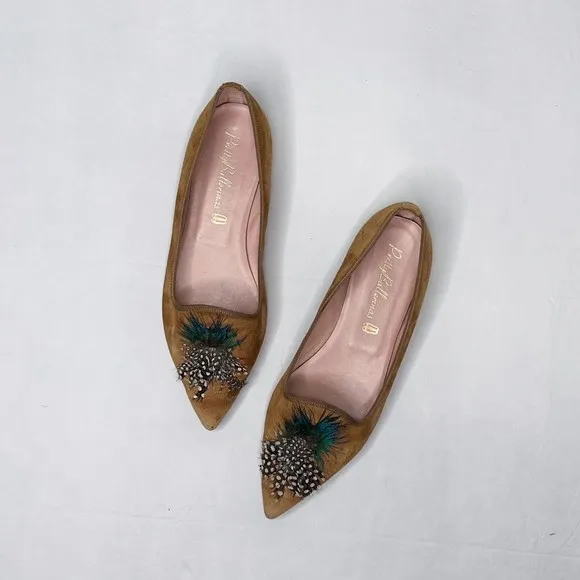 Pretty Ballerinas Flats Pointed Toe Women’s 7/37‎ Feather Detail Tan Suede