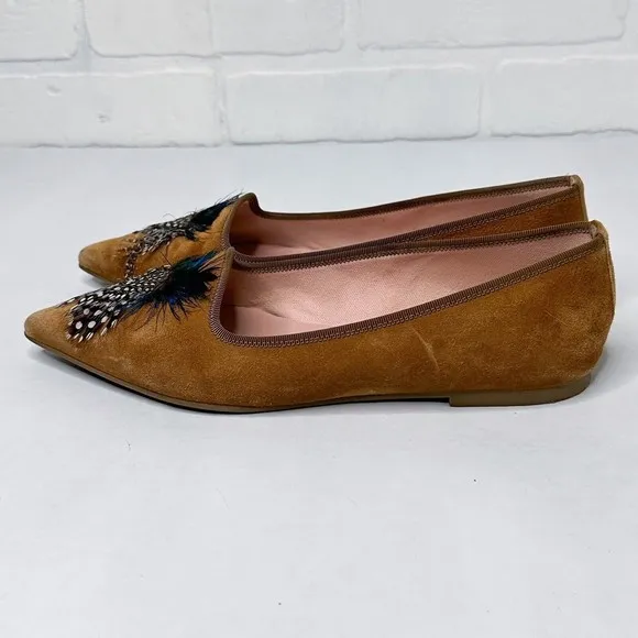 Pretty Ballerinas Flats Pointed Toe Women’s 7/37‎ Feather Detail Tan Suede