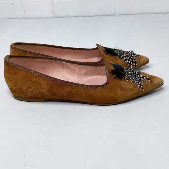 Pretty Ballerinas Flats Pointed Toe Women’s 7/37‎ Feather Detail Tan Suede