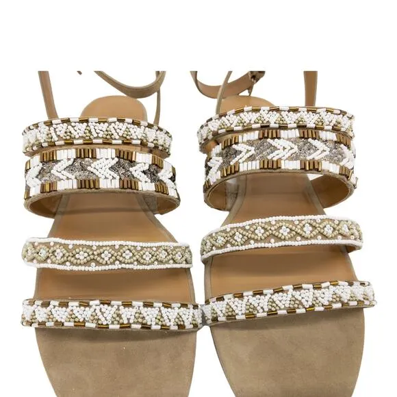 REBECCA MINKOFF Leila Tan Suede White Gold Beaded Ankle Strap Flat Heel Sandals