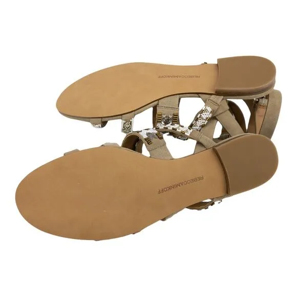 REBECCA MINKOFF Leila Tan Suede White Gold Beaded Ankle Strap Flat Heel Sandals