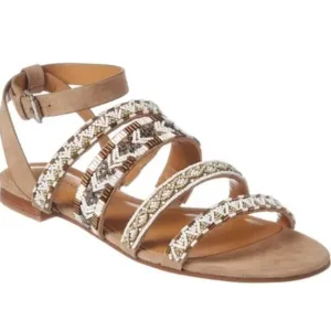 REBECCA MINKOFF Leila Tan Suede White Gold Beaded Ankle Strap Flat Heel Sandals
