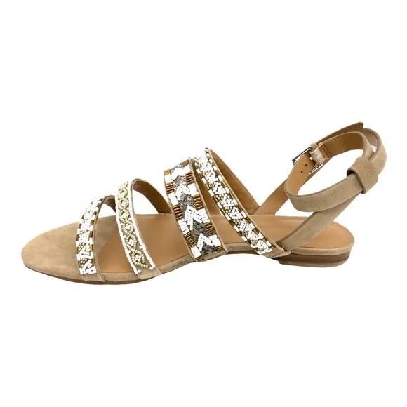 REBECCA MINKOFF Leila Tan Suede White Gold Beaded Ankle Strap Flat Heel Sandals