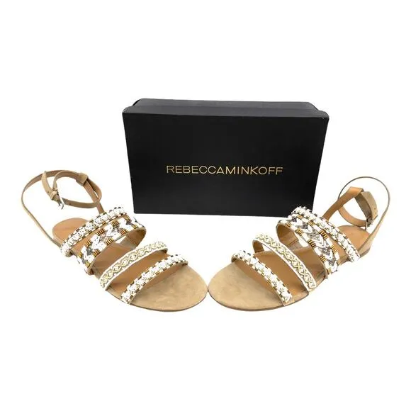 REBECCA MINKOFF Leila Tan Suede White Gold Beaded Ankle Strap Flat Heel Sandals
