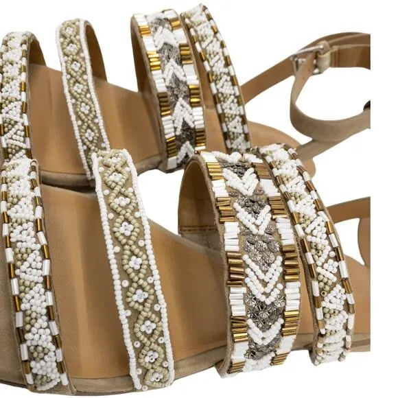 REBECCA MINKOFF Leila Tan Suede White Gold Beaded Ankle Strap Flat Heel Sandals