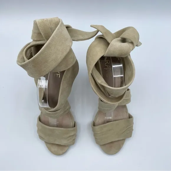 Revolve x RAYE Mia Heel Nude Nubuck Suede Strappy Wrap Wood Block Heel Beige 7.5