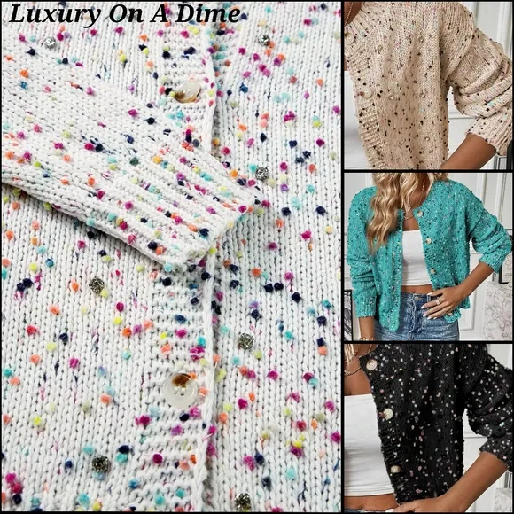 Rhinestone Colorful Popcorn Confetti Knit Cardigan Long Sleeve Button-Up Sweater