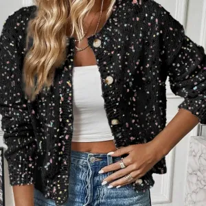 Rhinestone Colorful Popcorn Confetti Knit Cardigan Long Sleeve Button-Up Sweater