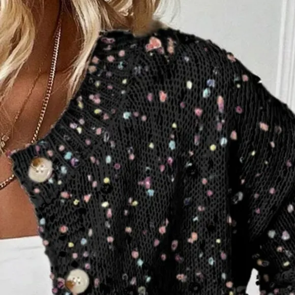 Rhinestone Colorful Popcorn Confetti Knit Cardigan Long Sleeve Button-Up Sweater